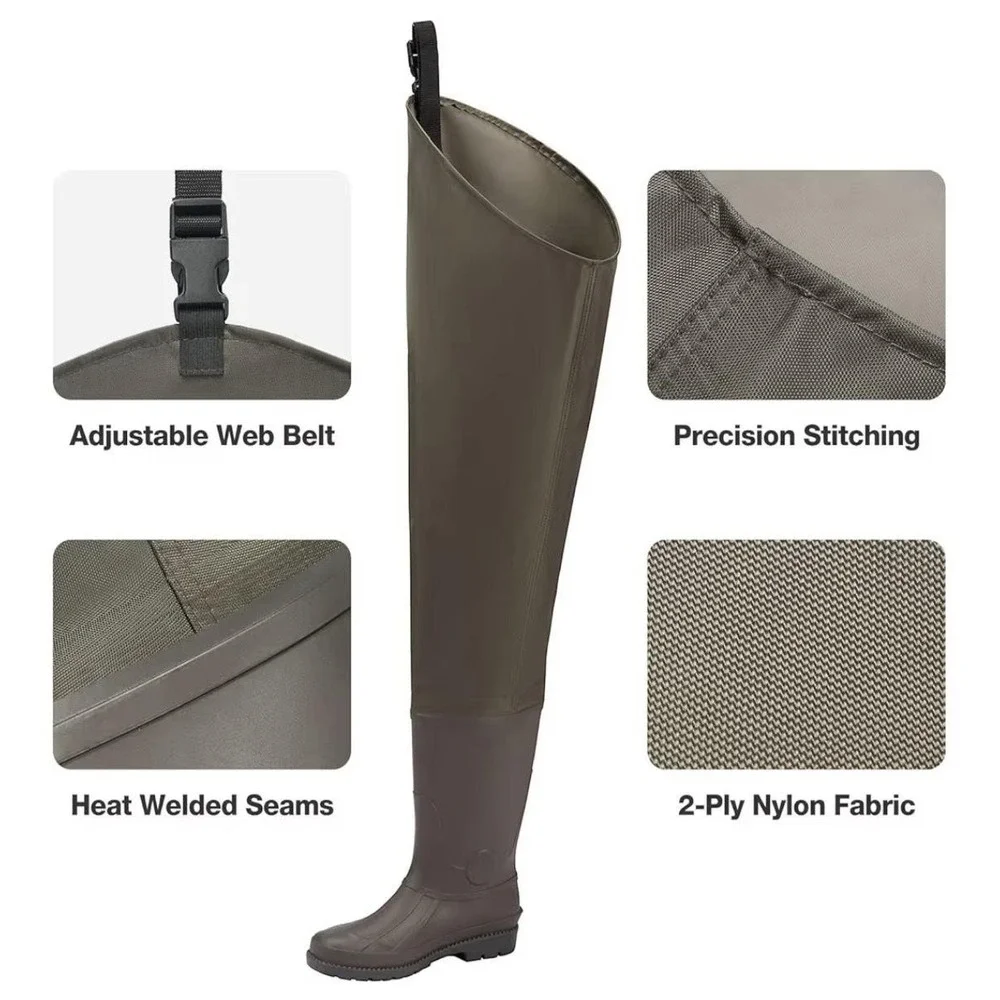 HISEA Bootfoot Hip Waders Mens 10 Green Nylon PVC Waterproof Fishing Boots